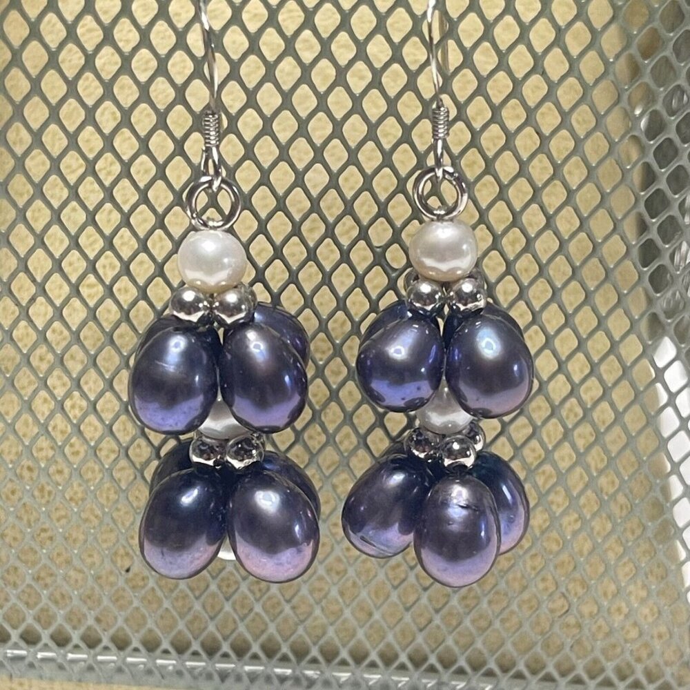 Purple Pearl Cluster Drop Earrings Dangle Pierced Hook